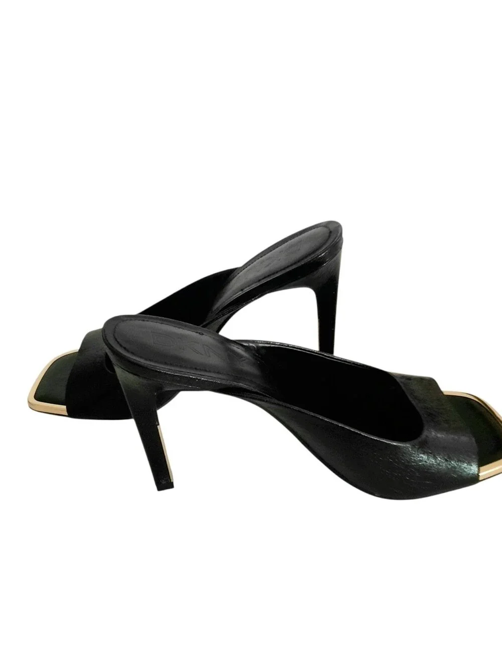 New DKNY Arleen Black Vegan Leather Open-Toe High Heel Mules w/Gold Trim Sz 10M